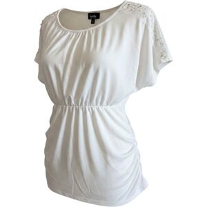 By‎ & By White Ruched Blouse with Pearl Embellished Shoulders